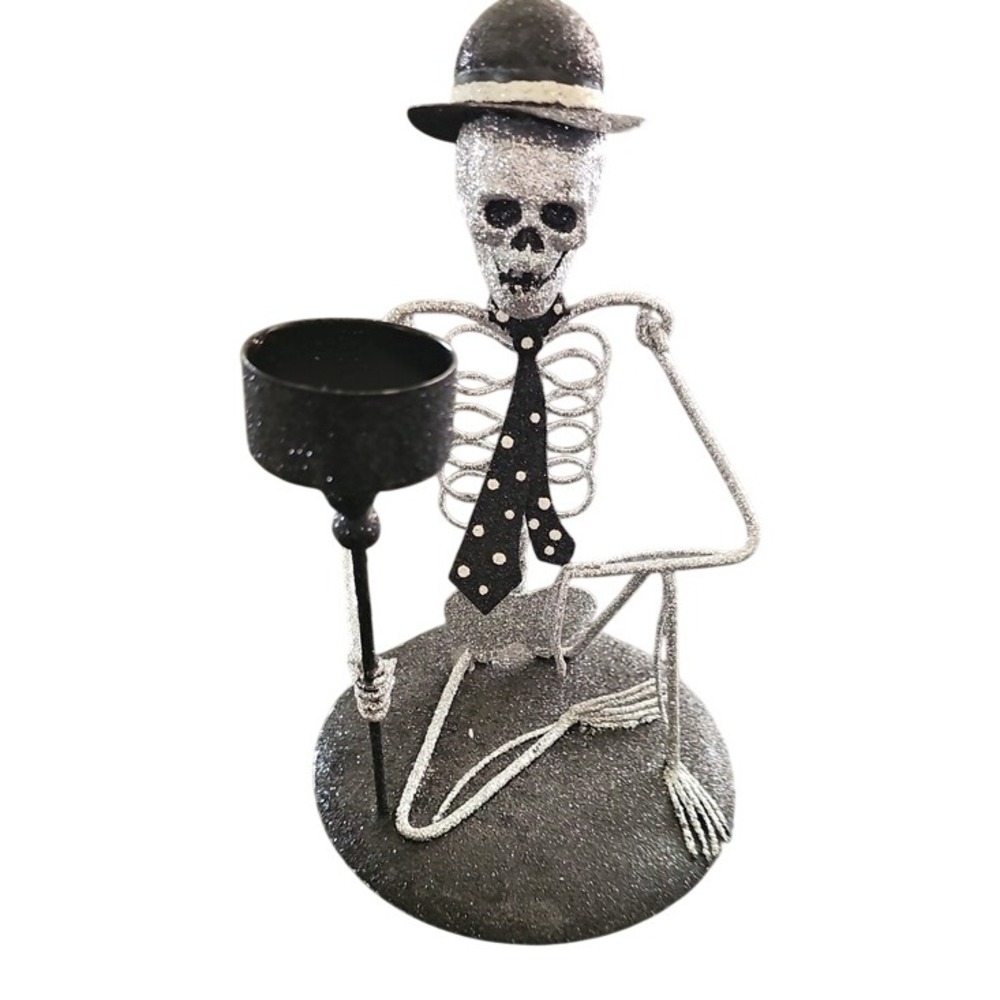 Glitter Skeleton Tealight Candle Holder Dapper Gothic Spooky Halloween Decor 8"